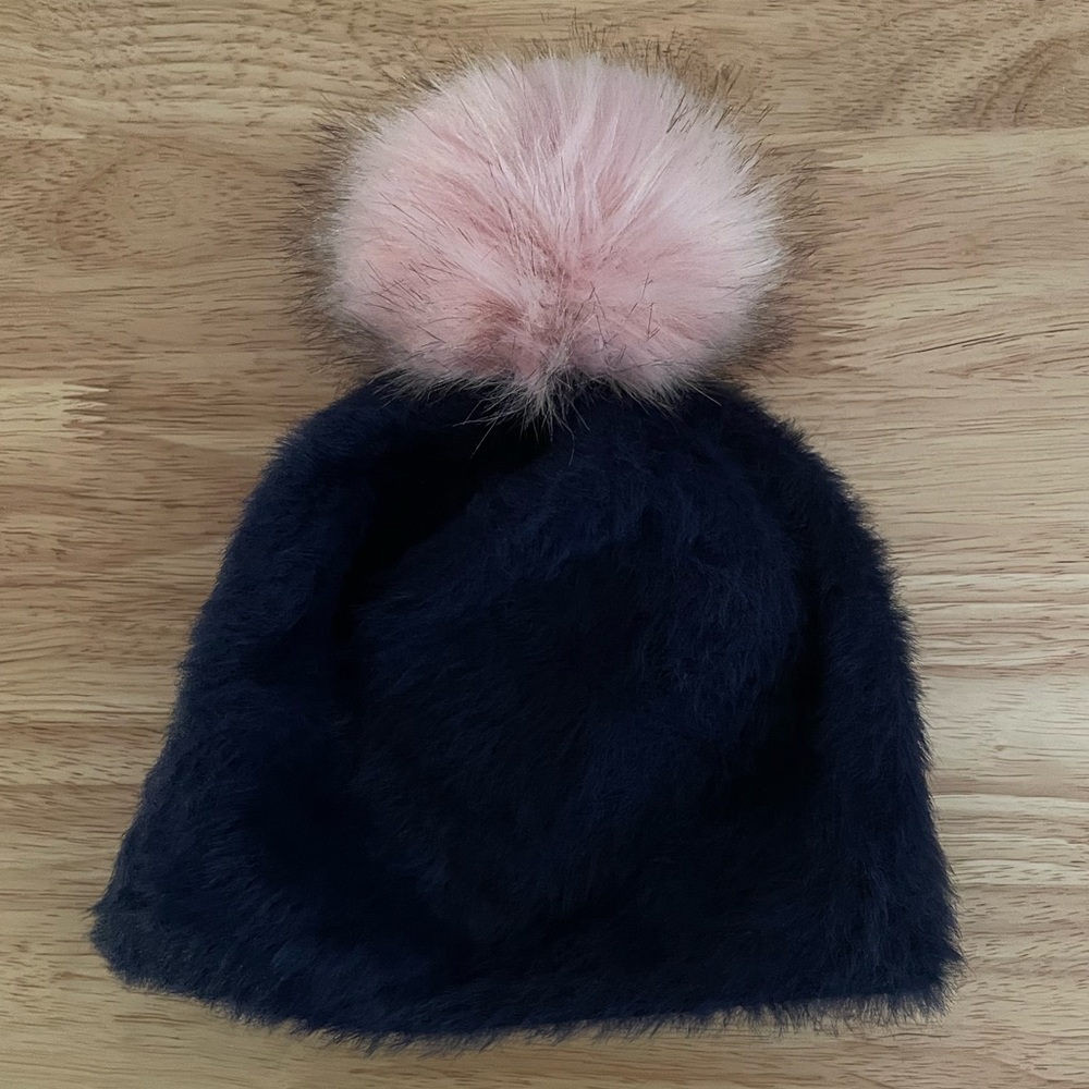 Anthropologie beanie with pompom, navy and light pink, like new